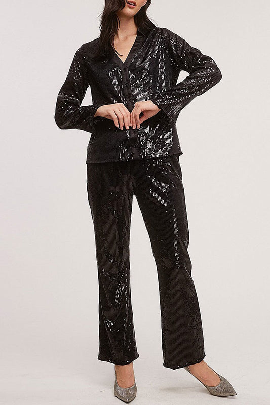 Button up blouse &amp; wide leg pants sequins 2pc. set (RTWT5480)