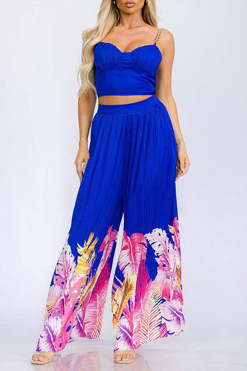 Crop top &amp; elasic waist wide leg pants floral set (RVWT5819)