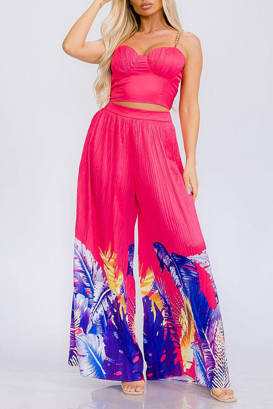 Crop top &amp; elasic waist wide leg pants floral set (RVWT5819)