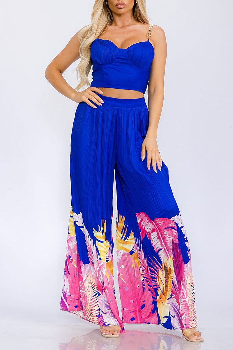 Crop top &amp; elasic waist wide leg pants floral set (RVWT5819)