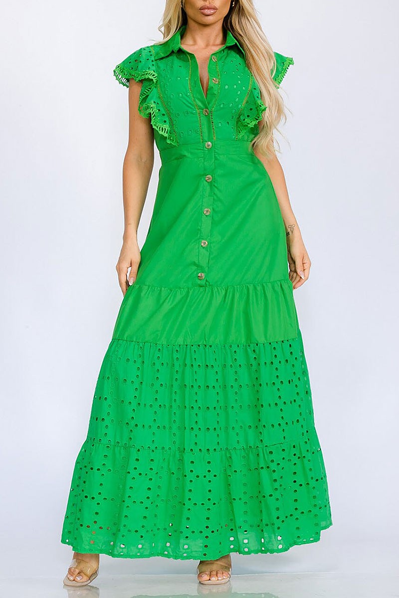 Ruffle sleeve button up eyelet detailed maxi dress (RVWT5830)