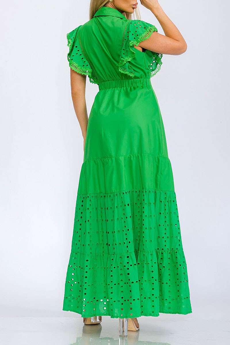 Ruffle sleeve button up eyelet detailed maxi dress (RVWT5830)