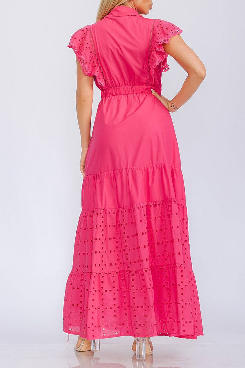 Ruffle sleeve button up eyelet detailed maxi dress (RVWT5830)