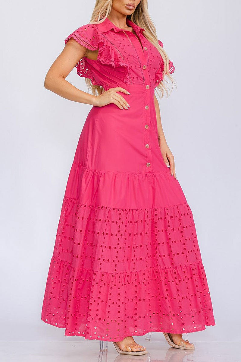 Ruffle sleeve button up eyelet detailed maxi dress (RVWT5830)