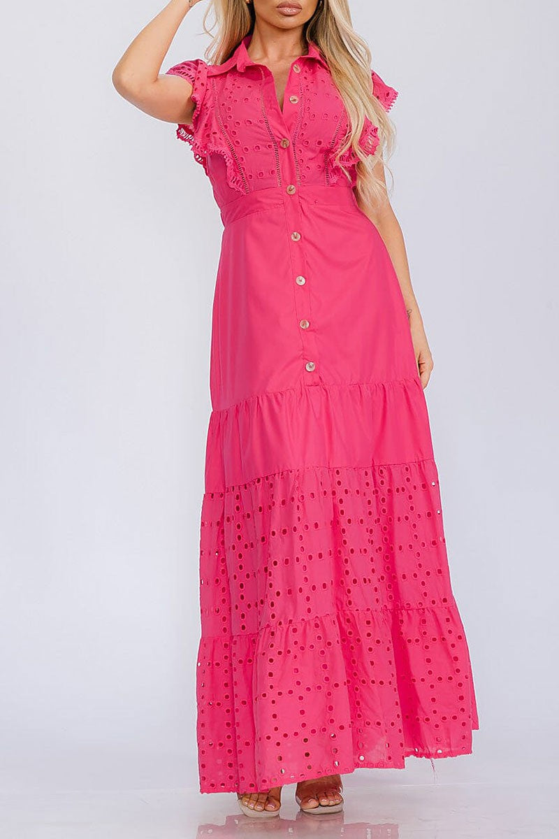 Ruffle sleeve button up eyelet detailed maxi dress (RVWT5830)