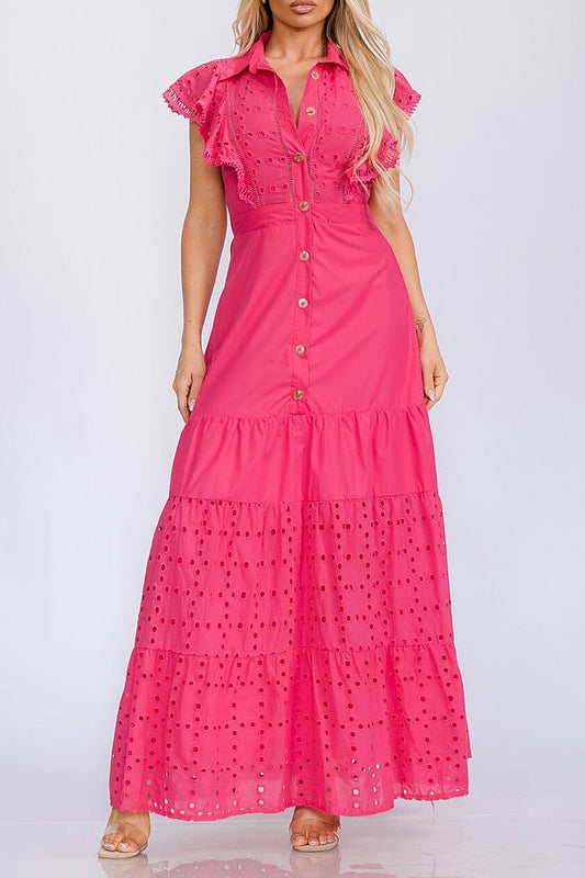 Ruffle sleeve button up eyelet detailed maxi dress (RVWT5830)