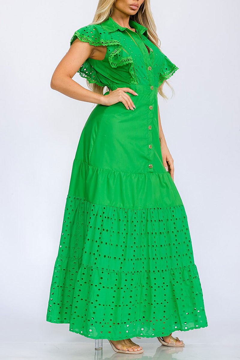 Ruffle sleeve button up eyelet detailed maxi dress (RVWT5830)