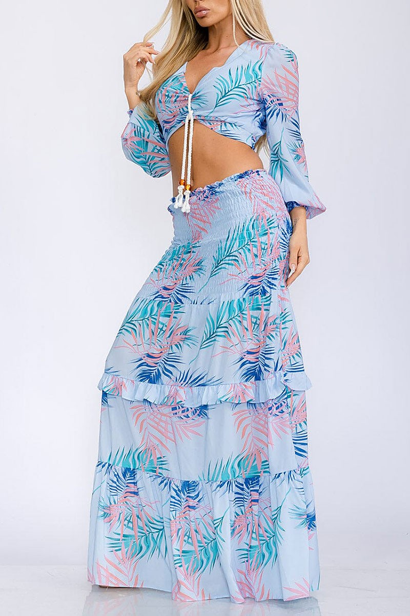 Long sleeve crop top &amp; smock waist leaf print set (RVWT5831)