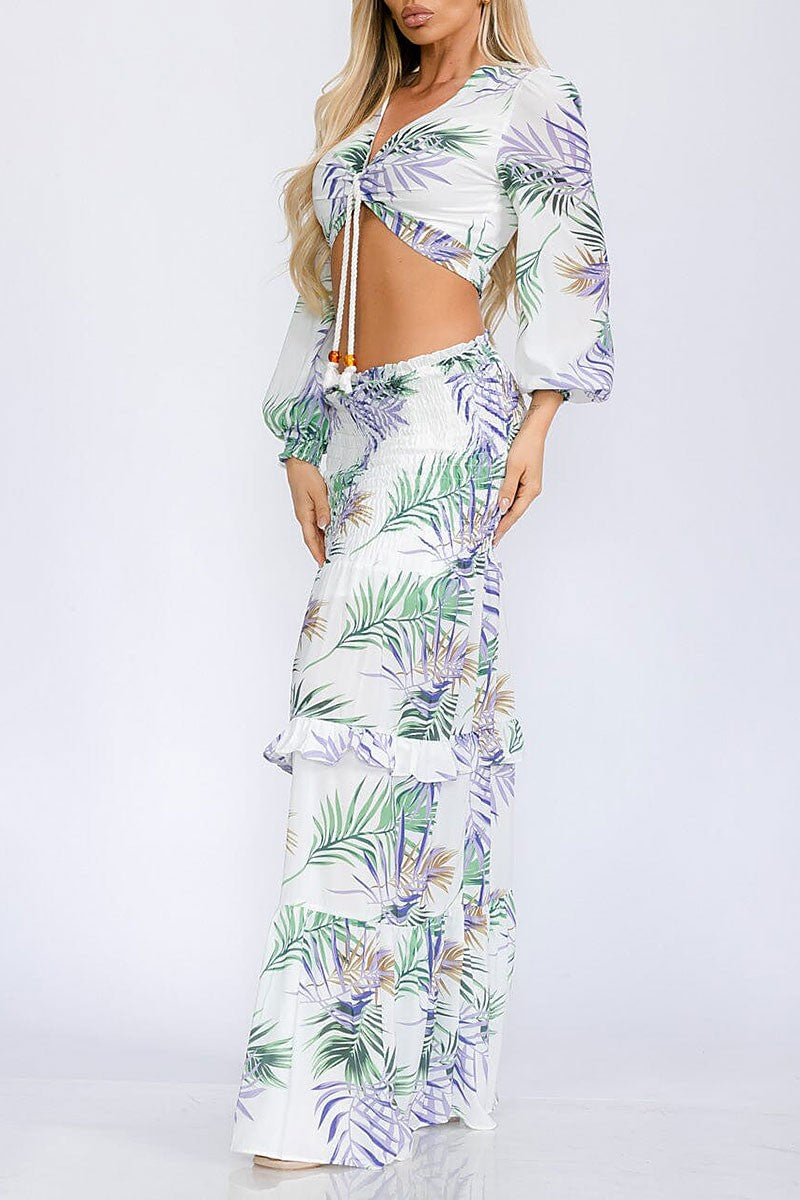 Long sleeve crop top &amp; smock waist leaf print set (RVWT5831)