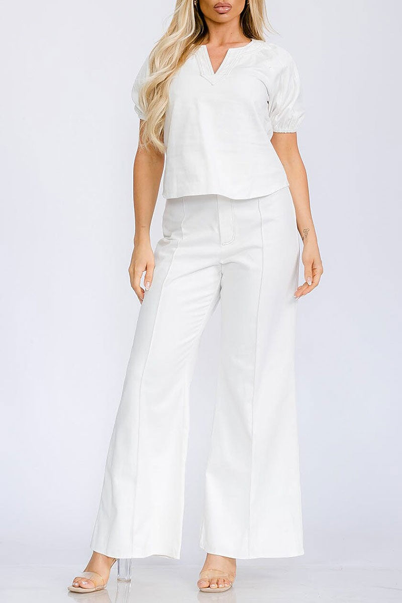 Blouse &amp; button closure wide leg pants denim set (RVWT5832)