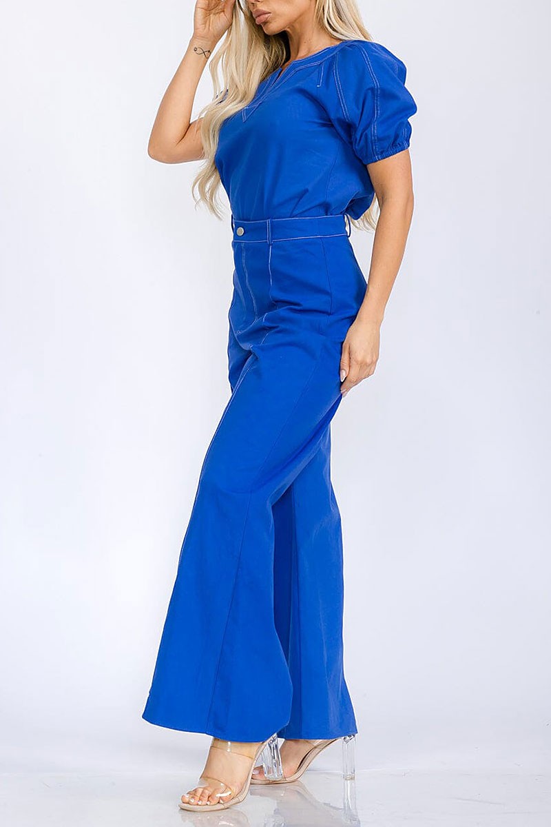 Blouse &amp; button closure wide leg pants denim set (RVWT5832)