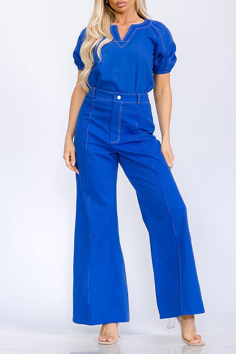 Blouse &amp; button closure wide leg pants denim set (RVWT5832)