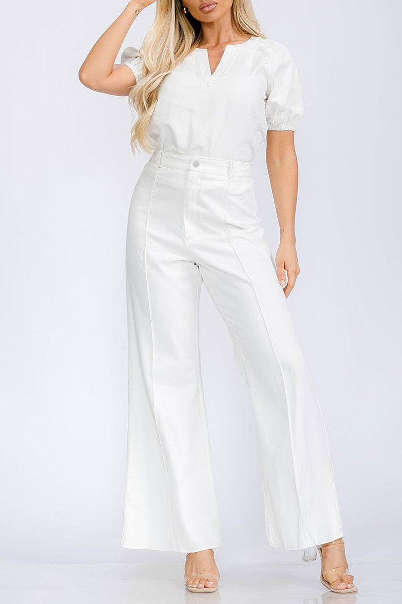 Blouse &amp; button closure wide leg pants denim set (RVWT5832)