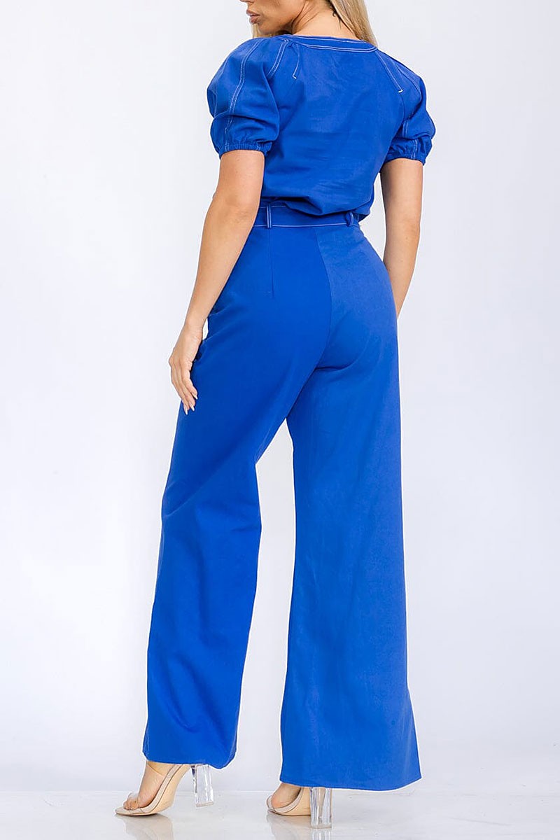 Blouse &amp; button closure wide leg pants denim set (RVWT5832)