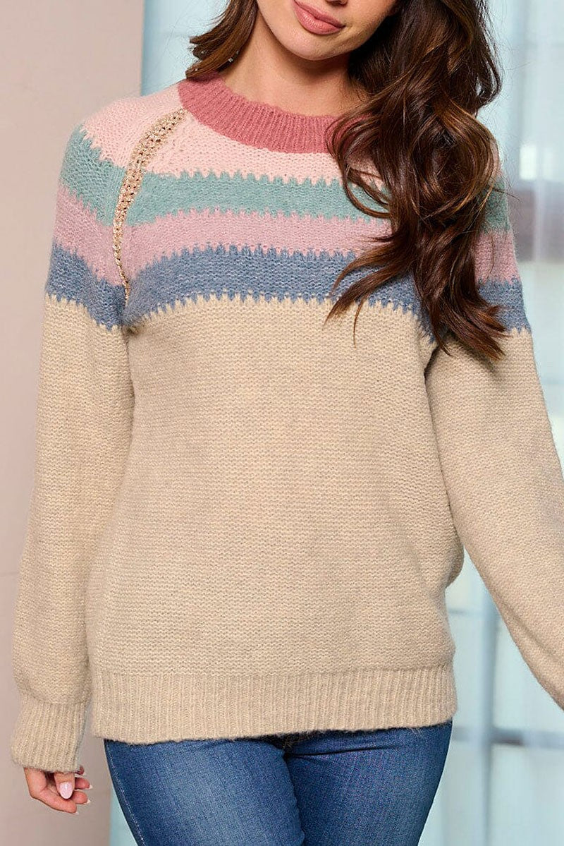 Long sleeve colorblock stripes pullover sweater (RVWT5858)