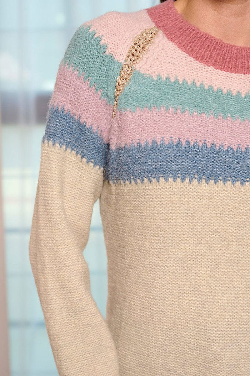 Long sleeve colorblock stripes pullover sweater (RVWT5858)