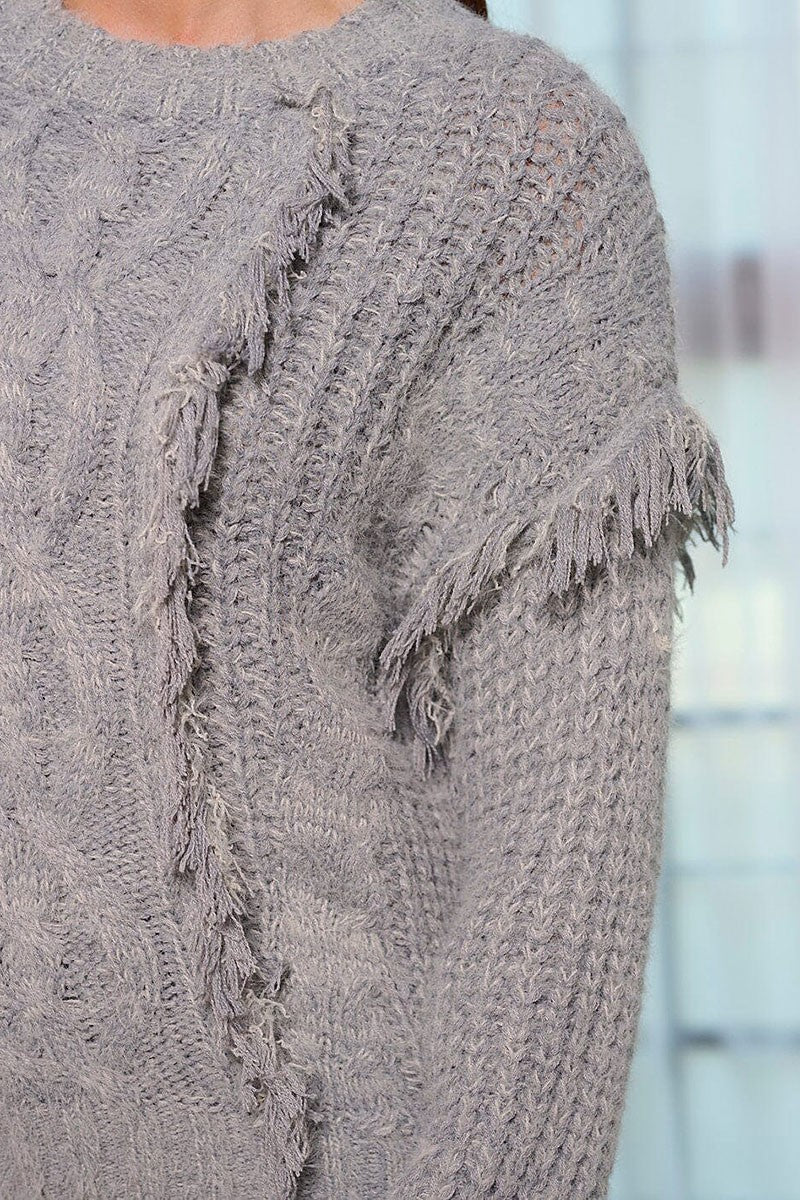 Long sleeve fringe knit pullover sweater (RVWT5861)