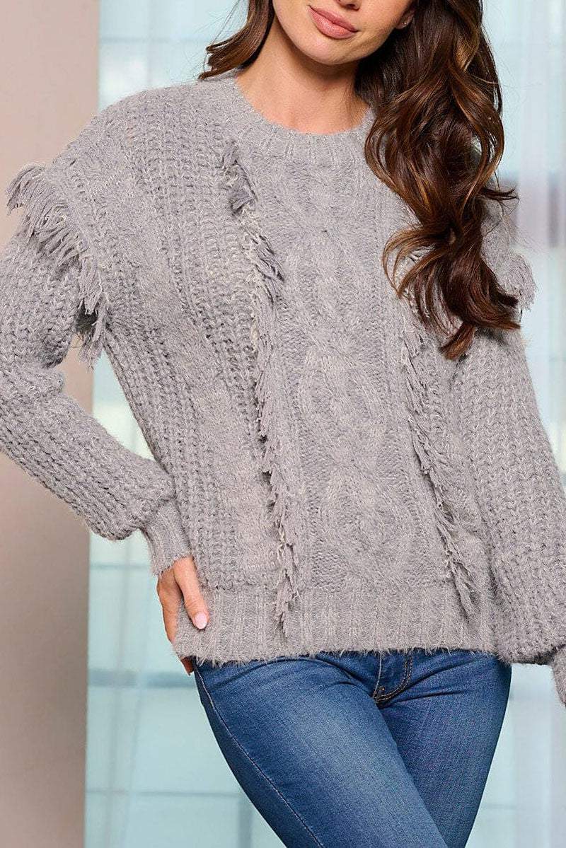 Long sleeve fringe knit pullover sweater (RVWT5861)