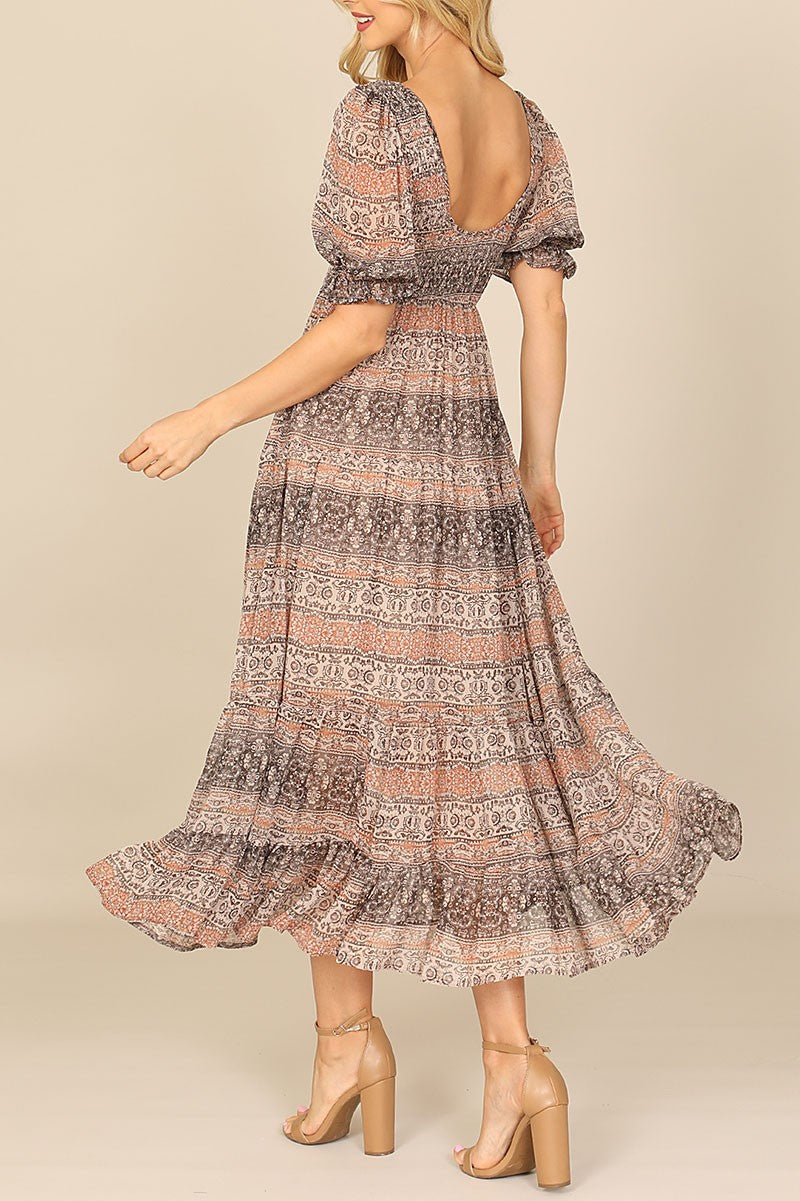 Puff sleeve smocked printed midi dress (RSD9915)