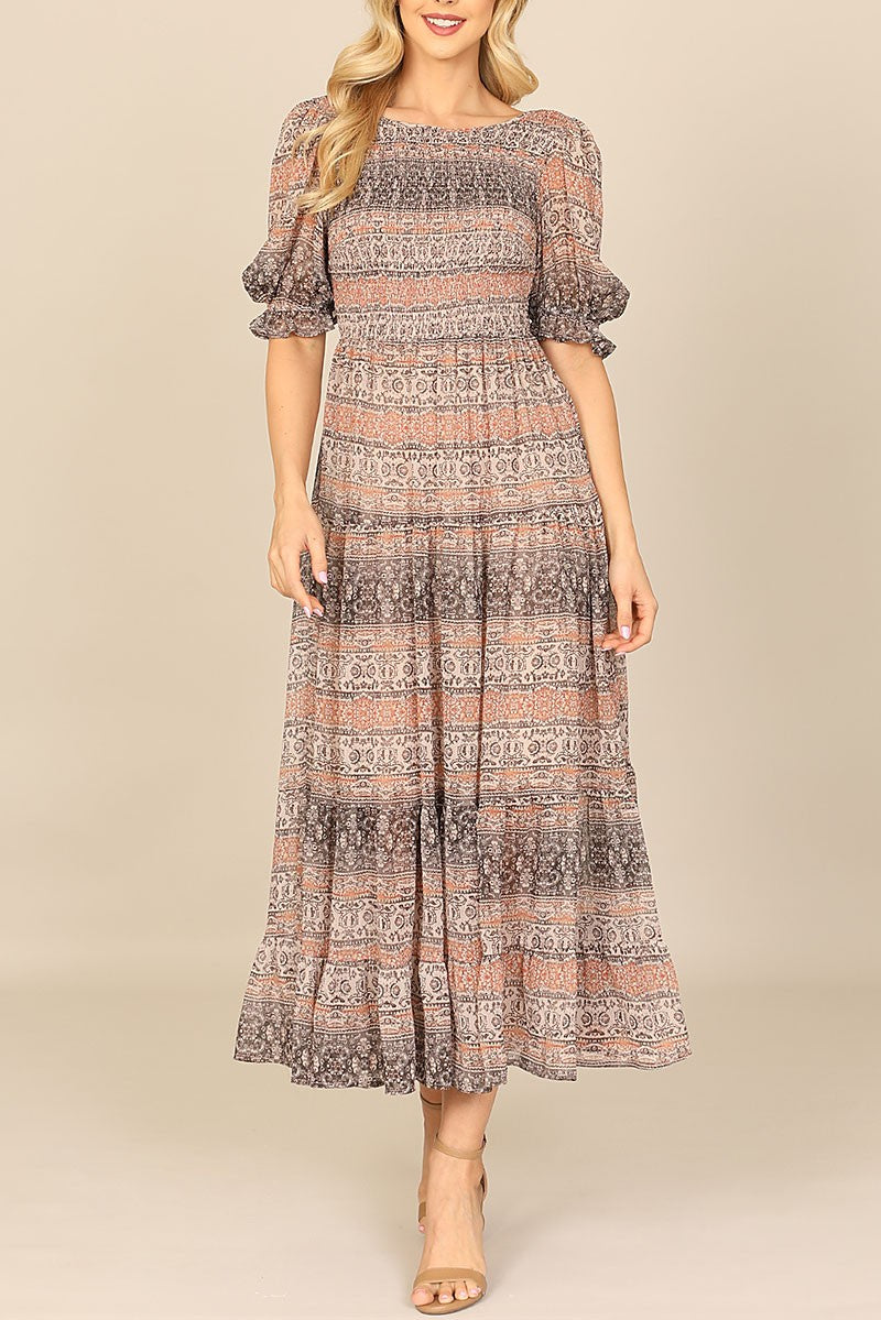 Puff sleeve smocked printed midi dress (RSD9915)