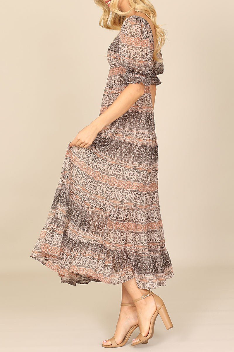 Puff sleeve smocked printed midi dress (RSD9915)