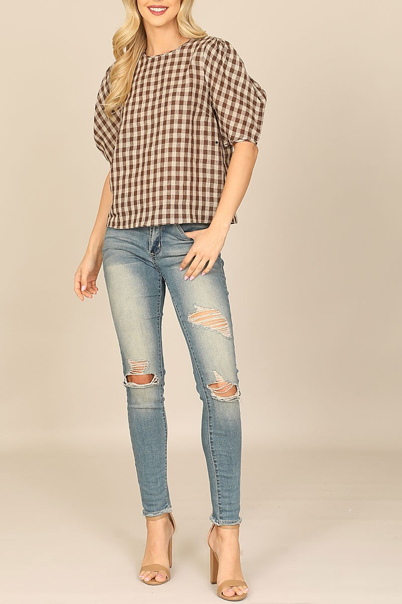 Plaid half puff sleeve top (RT8025)