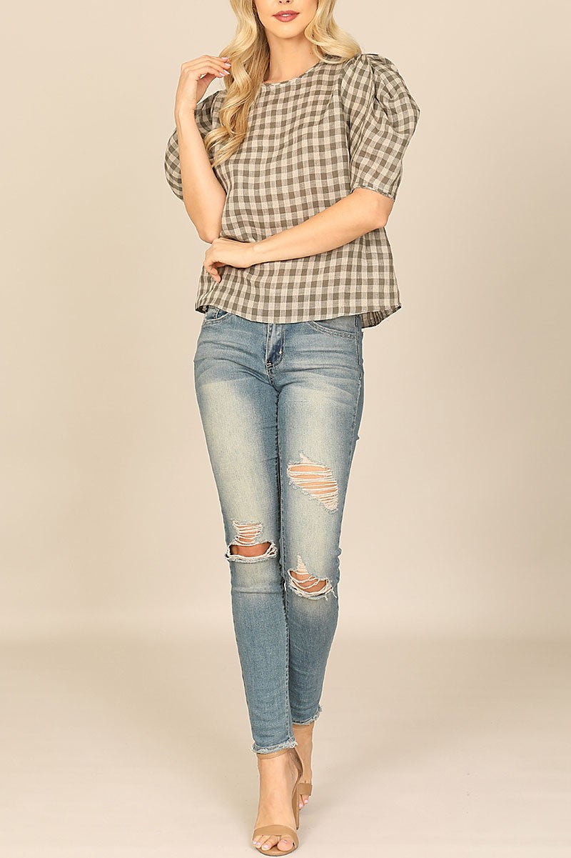 Plaid half puff sleeve top (RT8025)