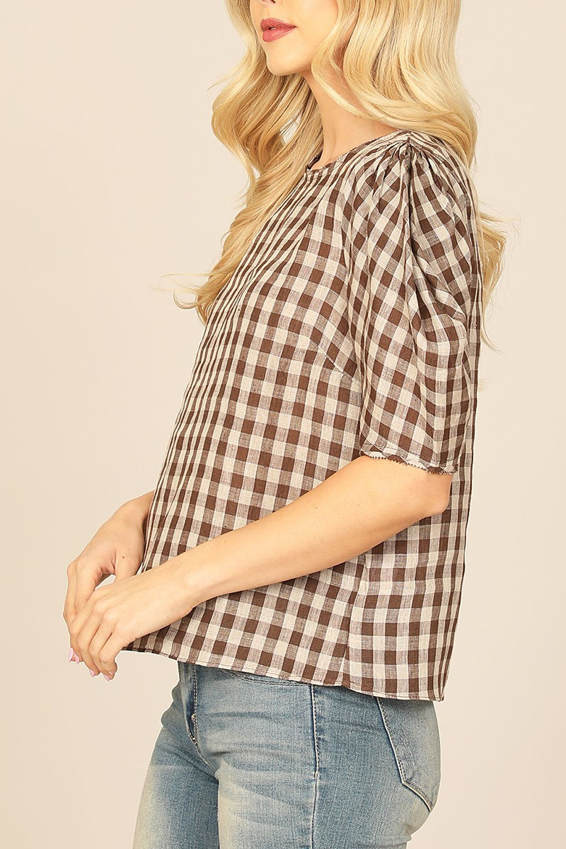 Plaid half puff sleeve top (RT8025)