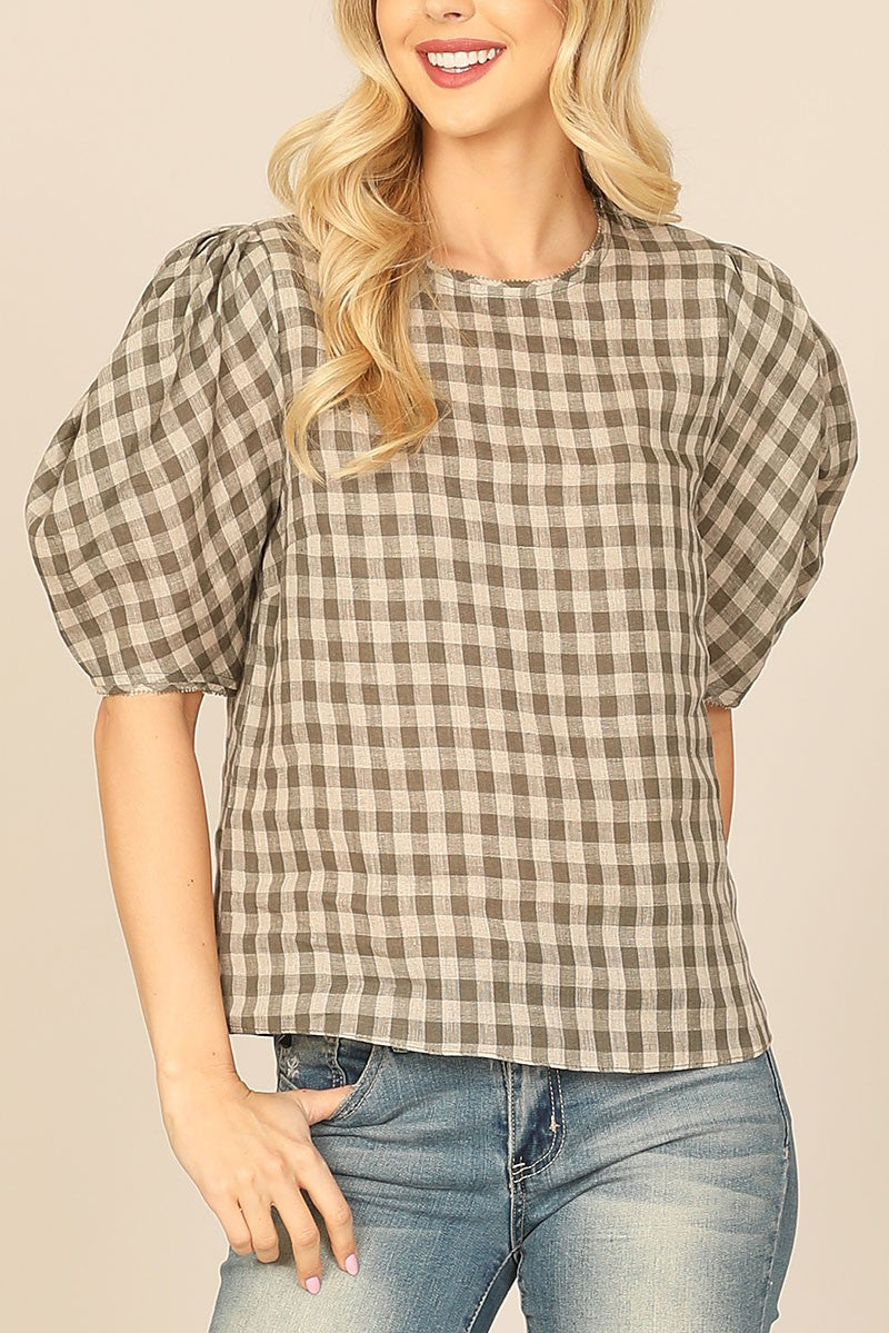 Plaid half puff sleeve top (RT8025)