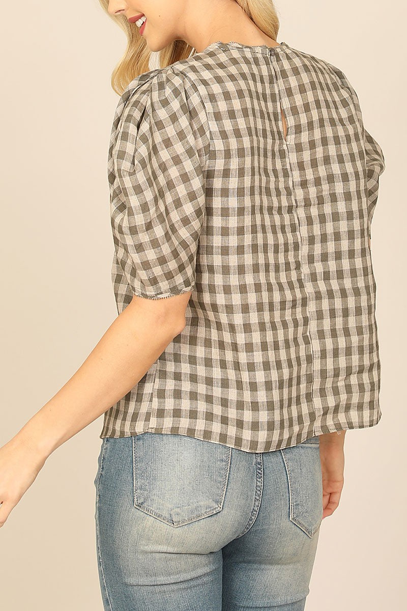 Plaid half puff sleeve top (RT8025)