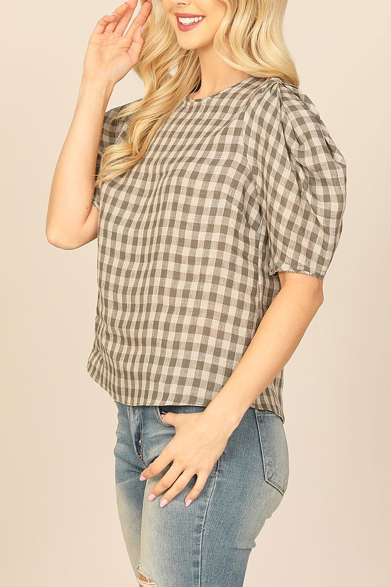 Plaid half puff sleeve top (RT8025)