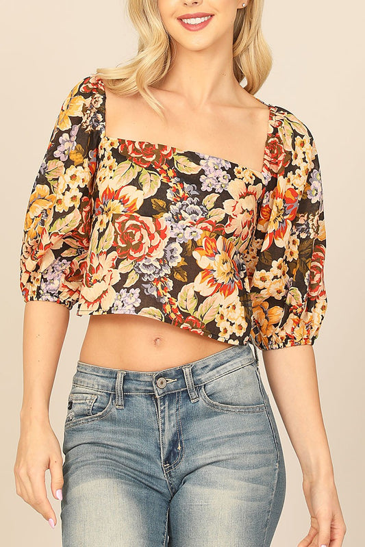 Floral puff sleeve tie back crop top (RT8029)