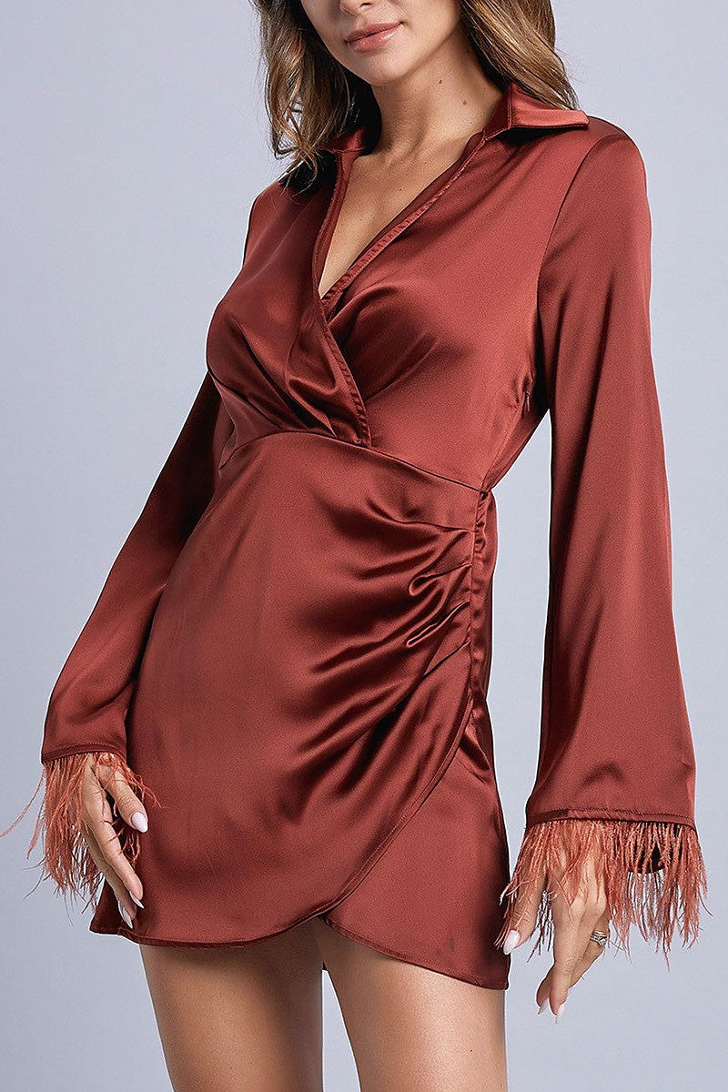 Feather sleeves wrap mini dress (RSSW4630)