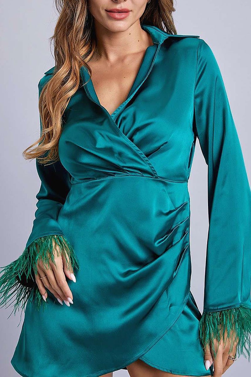 Feather sleeves wrap mini dress (RSSW4630)