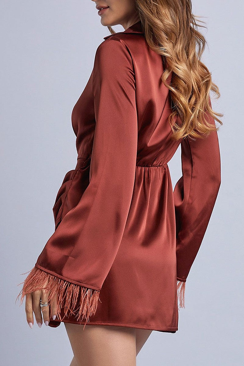 Feather sleeves wrap mini dress (RSSW4630)