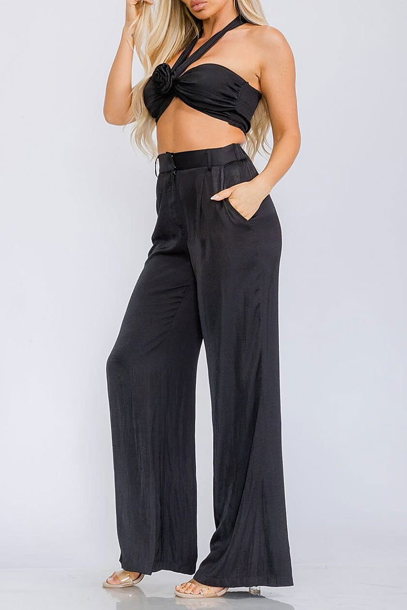 Crop top &amp; elastic waist pants flower detailed set (RVWT6015)