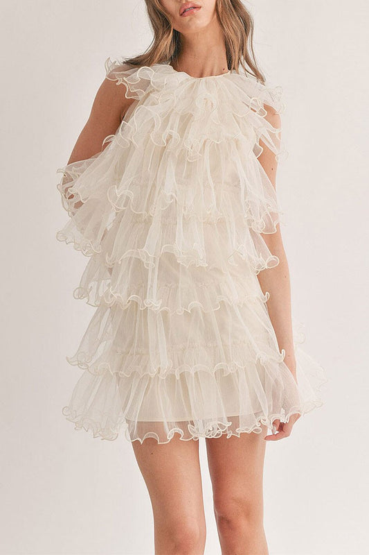 Sleeveless halter neck ruffle tiered mini dress (RVWT6078)