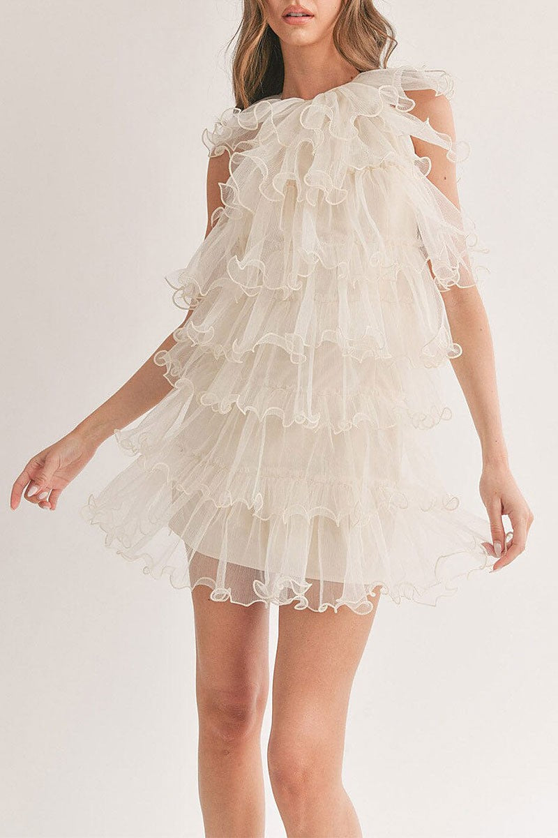 Sleeveless halter neck ruffle tiered mini dress (RVWT6078)