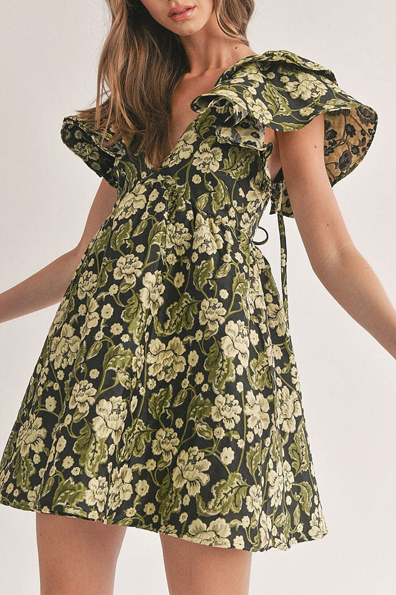 Ruffle sleeve fit &amp; flare floral jacquard dress (RVWT6083)