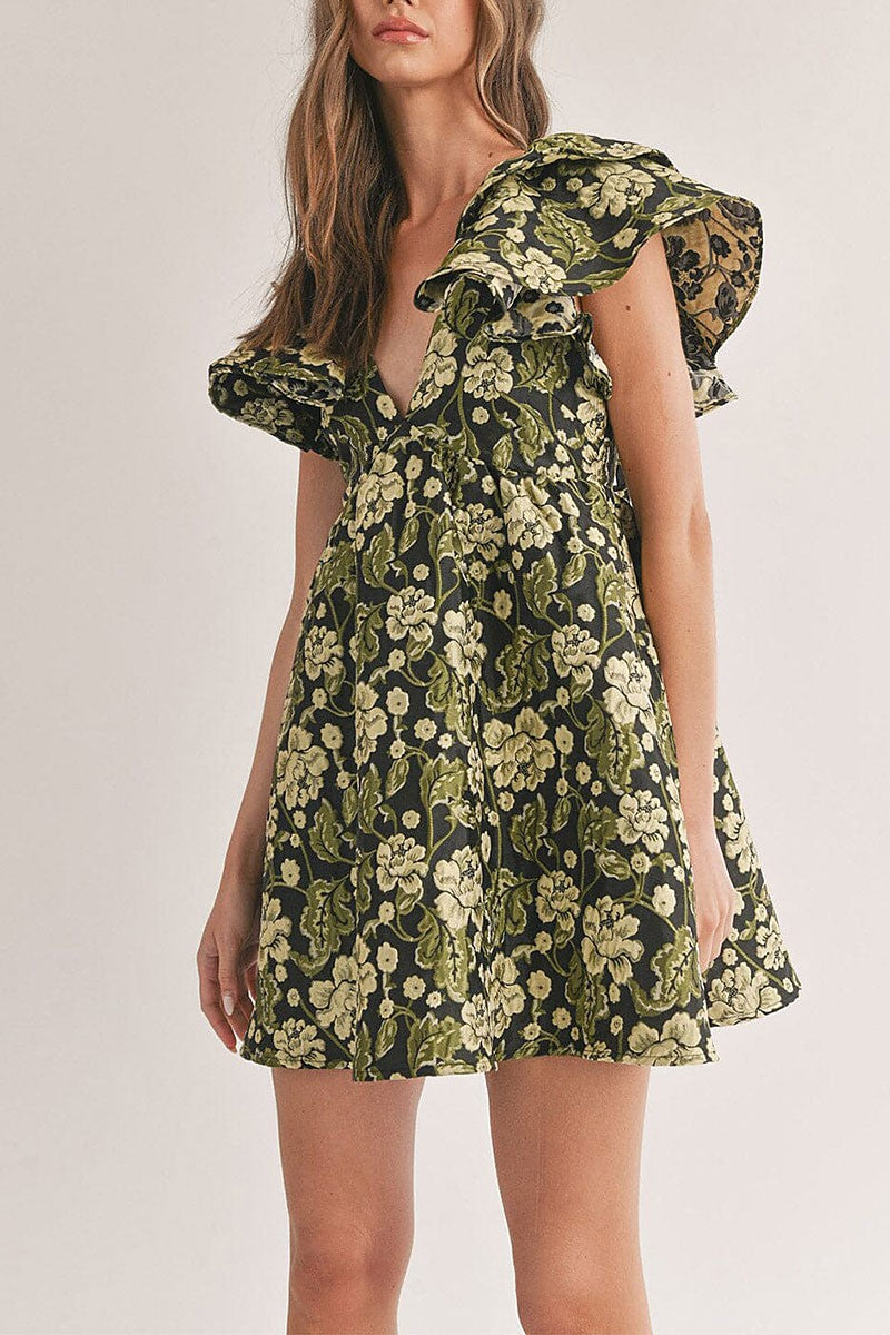 Ruffle sleeve fit &amp; flare floral jacquard dress (RVWT6083)