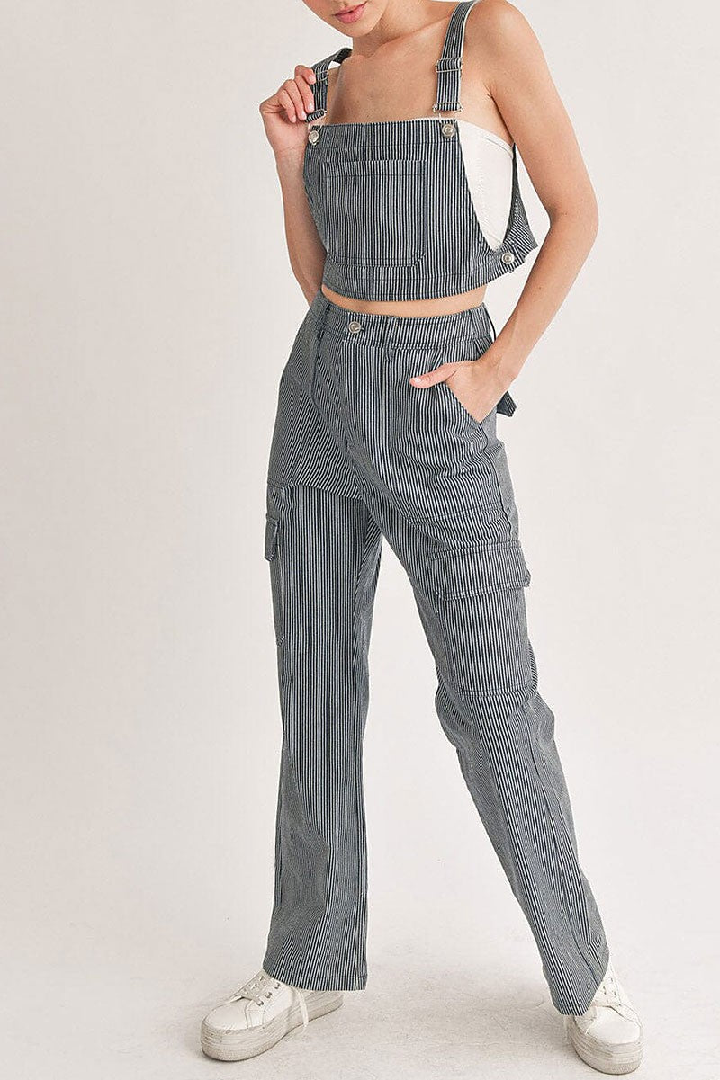 Crop top &amp; button closure pants denim stripes set (RVWT6088)