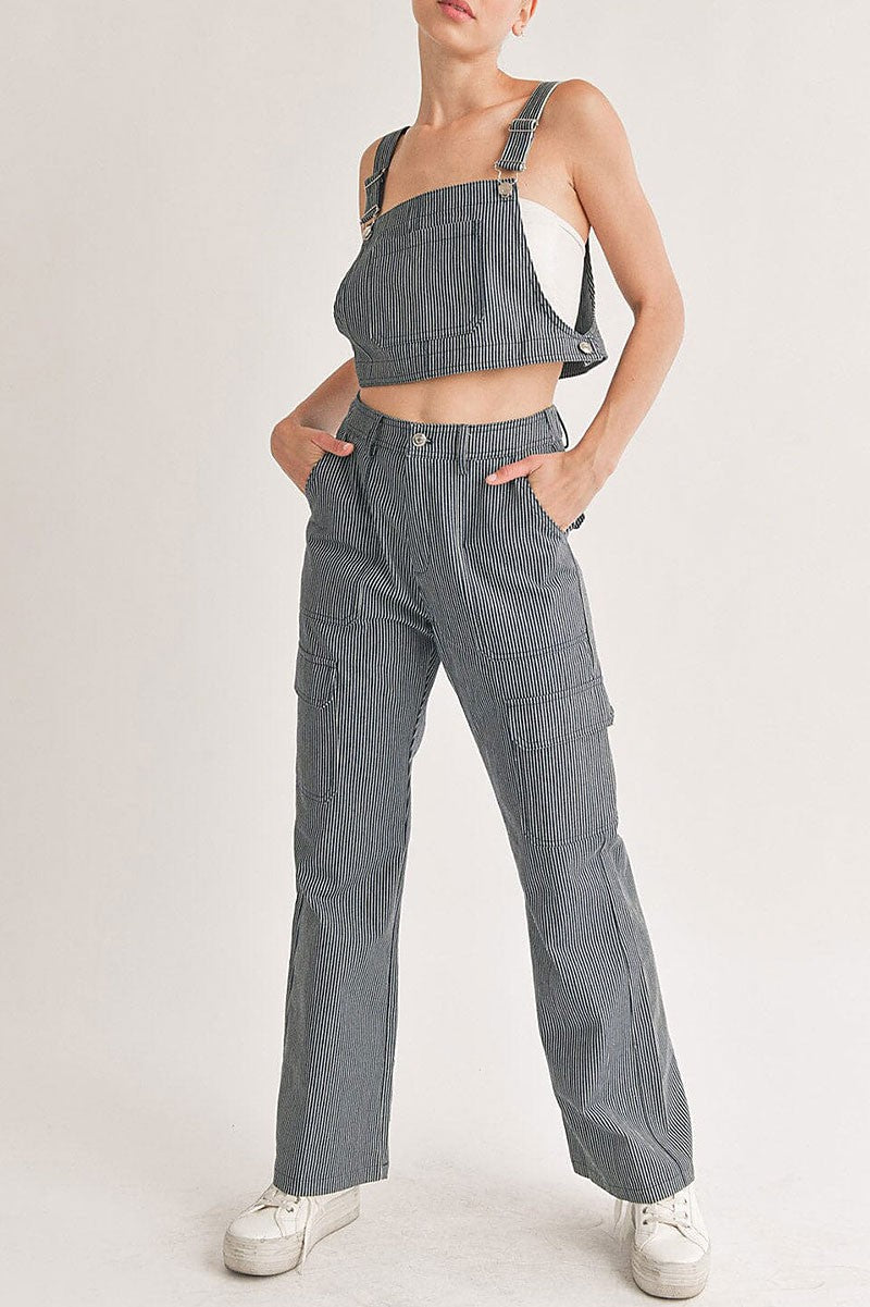 Crop top &amp; button closure pants denim stripes set (RVWT6088)