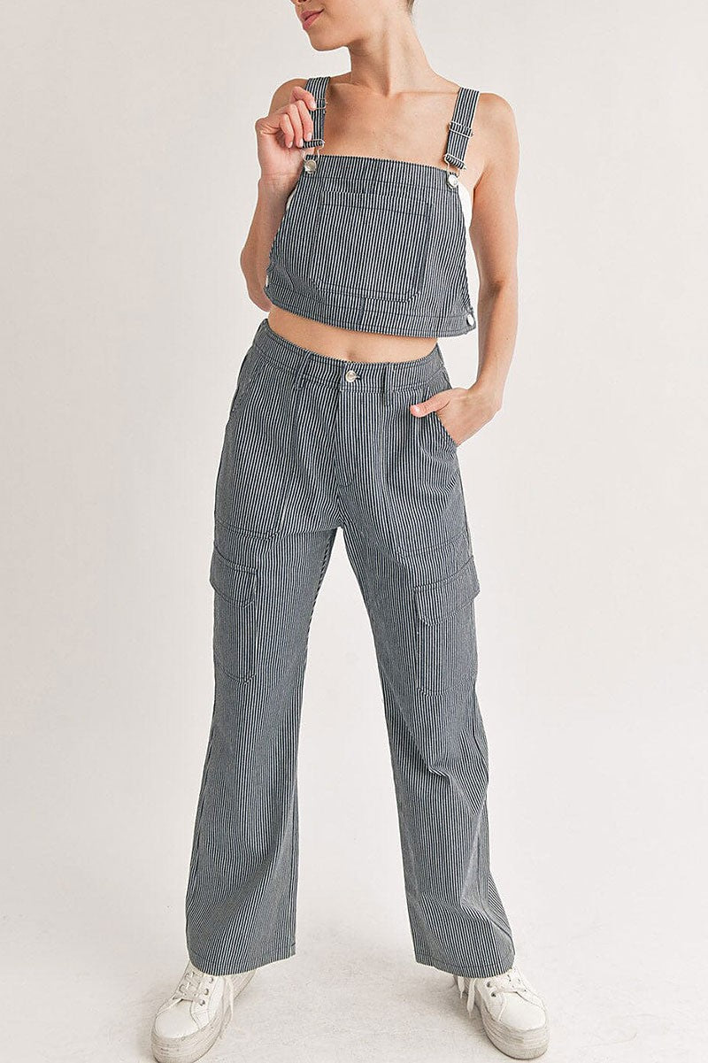 Crop top &amp; button closure pants denim stripes set (RVWT6088)