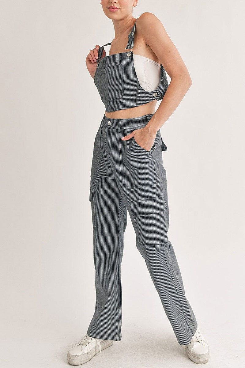 Crop top &amp; button closure pants denim stripes set (RVWT6088)