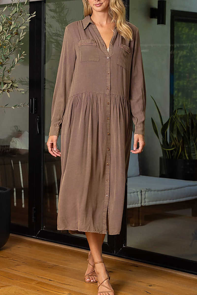 Collared long sleeves button-down loose midi dress (RSSW4639)