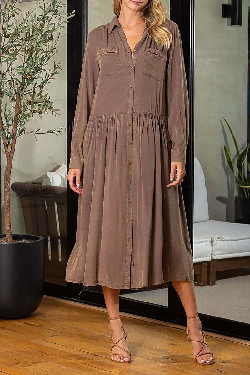 Collared long sleeves button-down loose midi dress (RSSW4639)