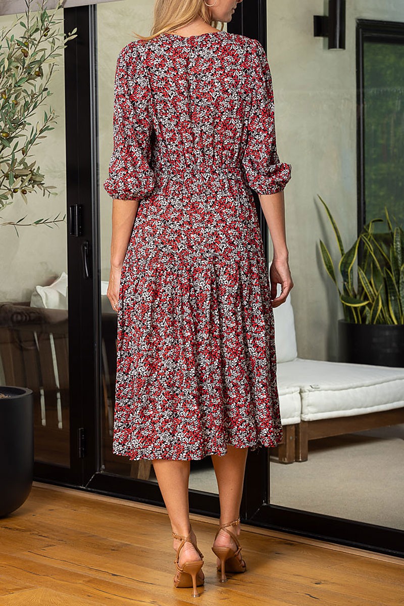 Floral print v-neck self-tie waist wrap midi dress (RSSW4640)