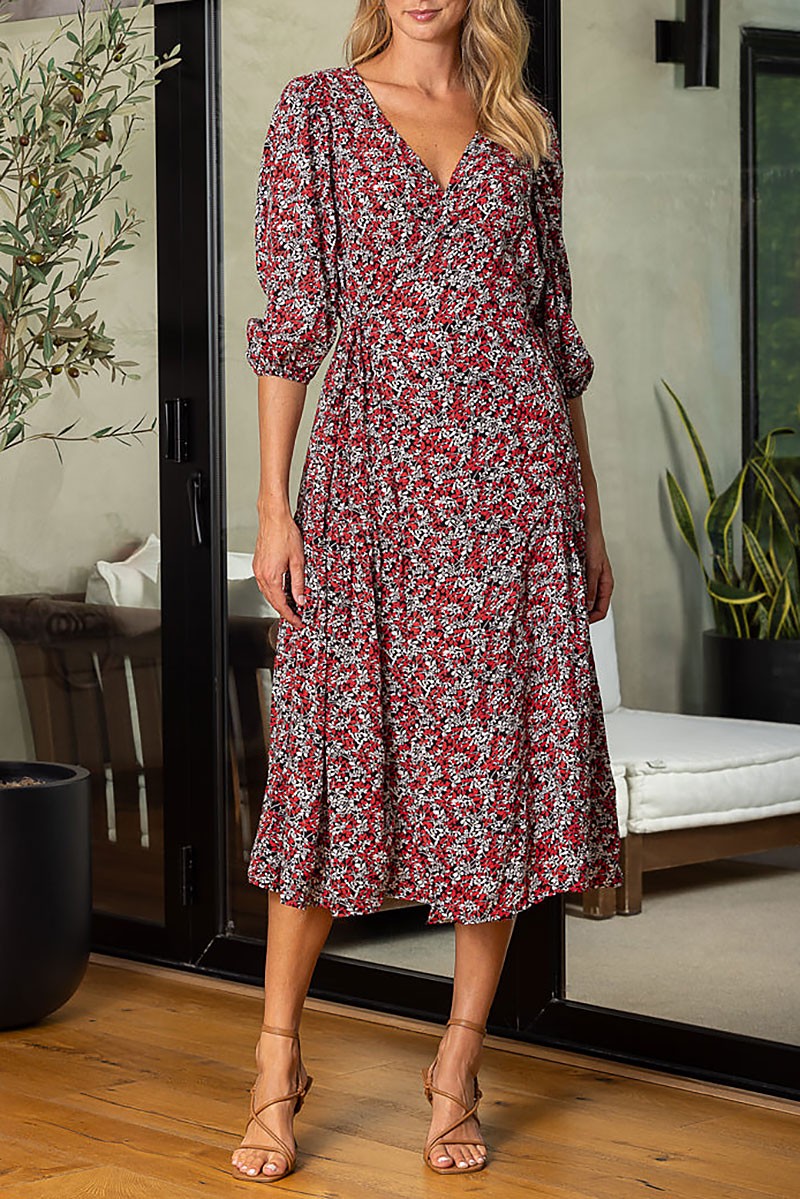 Floral print v-neck self-tie waist wrap midi dress (RSSW4640)