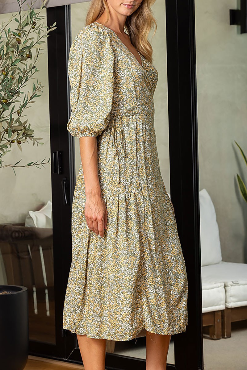 Floral print v-neck self-tie waist wrap midi dress (RSSW4640)