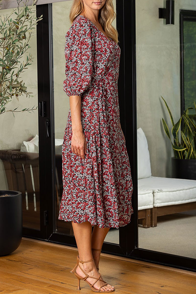 Floral print v-neck self-tie waist wrap midi dress (RSSW4640)